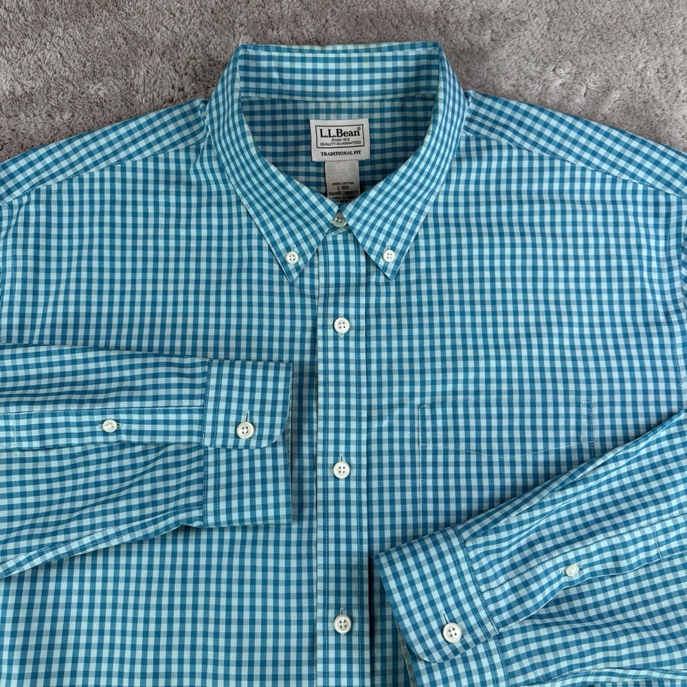 L.L.Bean Button Up Shirt Mens L Blue Gingham Check Cotton Long Sleeve Casual